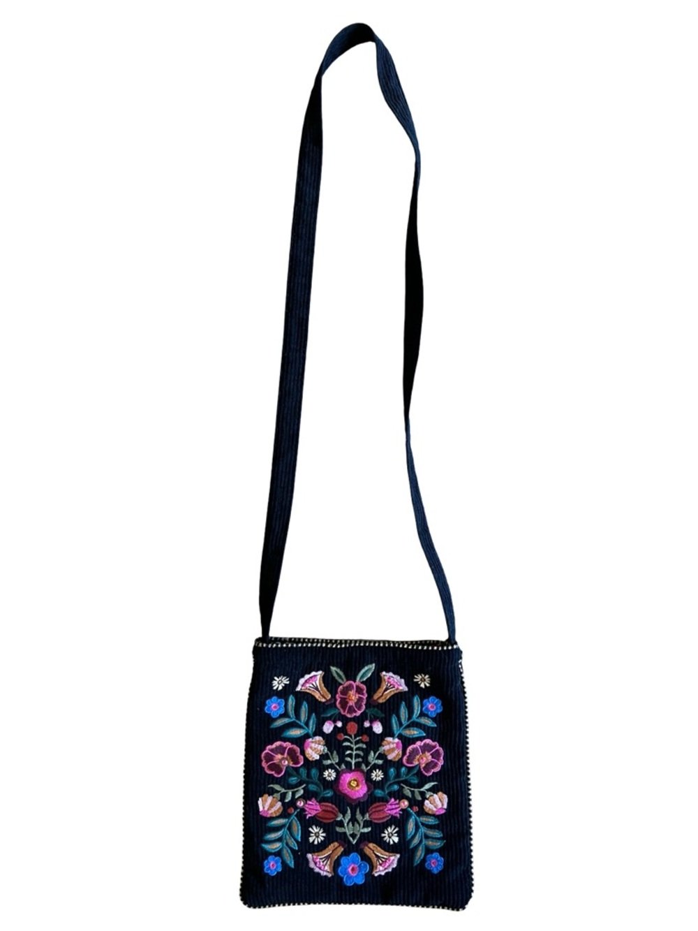 NATURAL LIFE Embroidered Black Corduroy Boho Crossbody Bag Folk Flower Purse - Picture 3 of 12